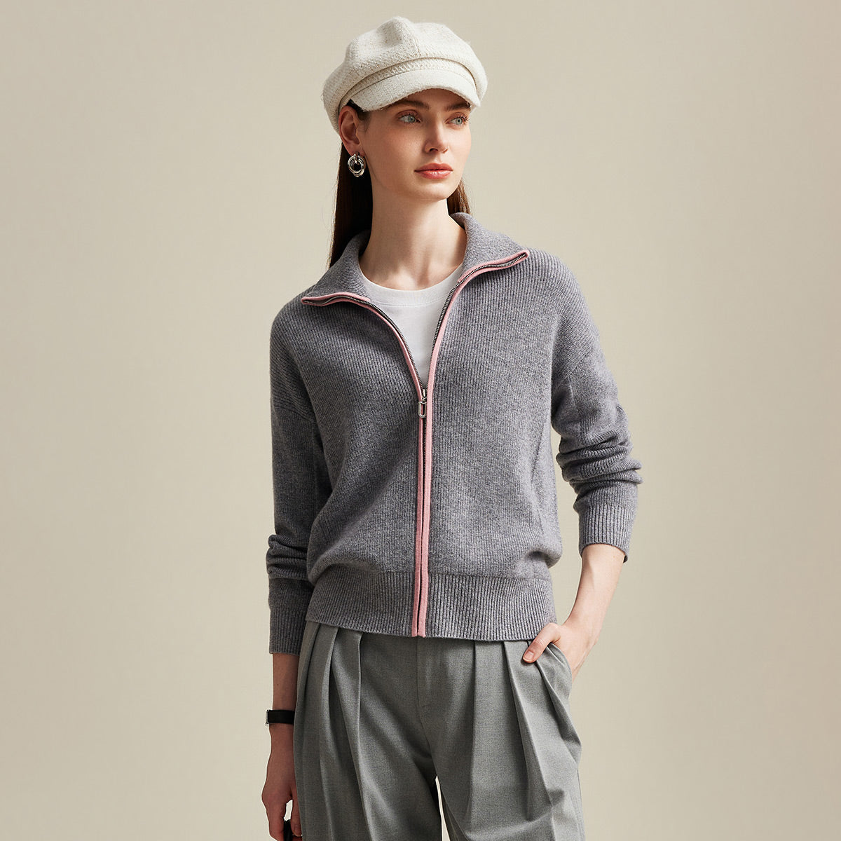 100% Cashmere Contrast Piping Zip-Up Cardigan