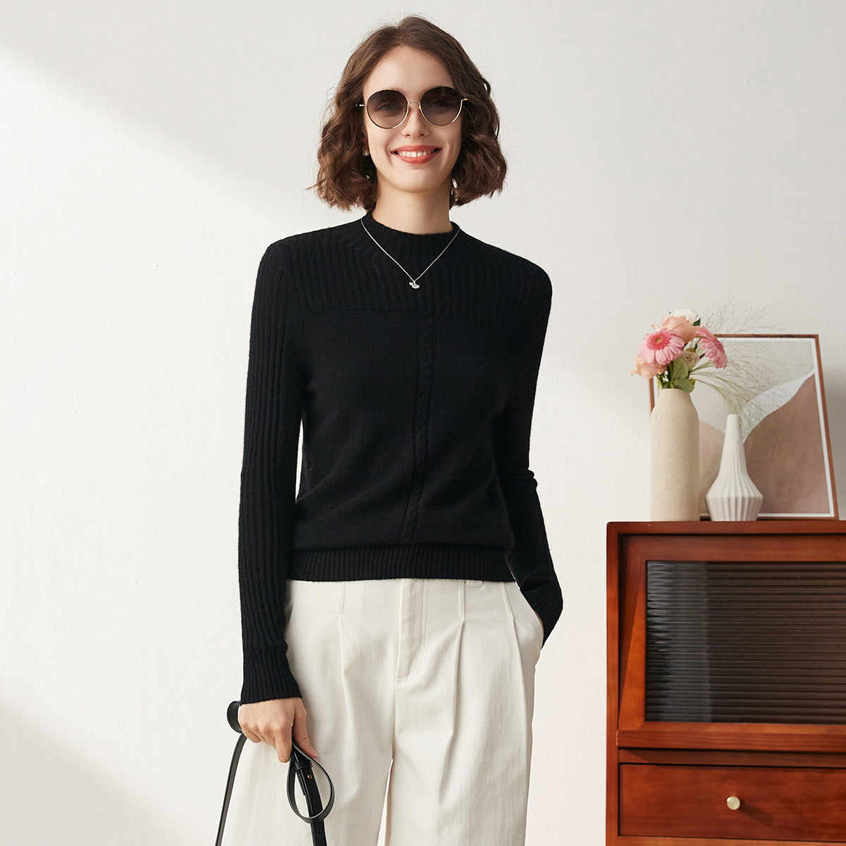 100% Cashmere Mock Neck Cable Knitted Sweater