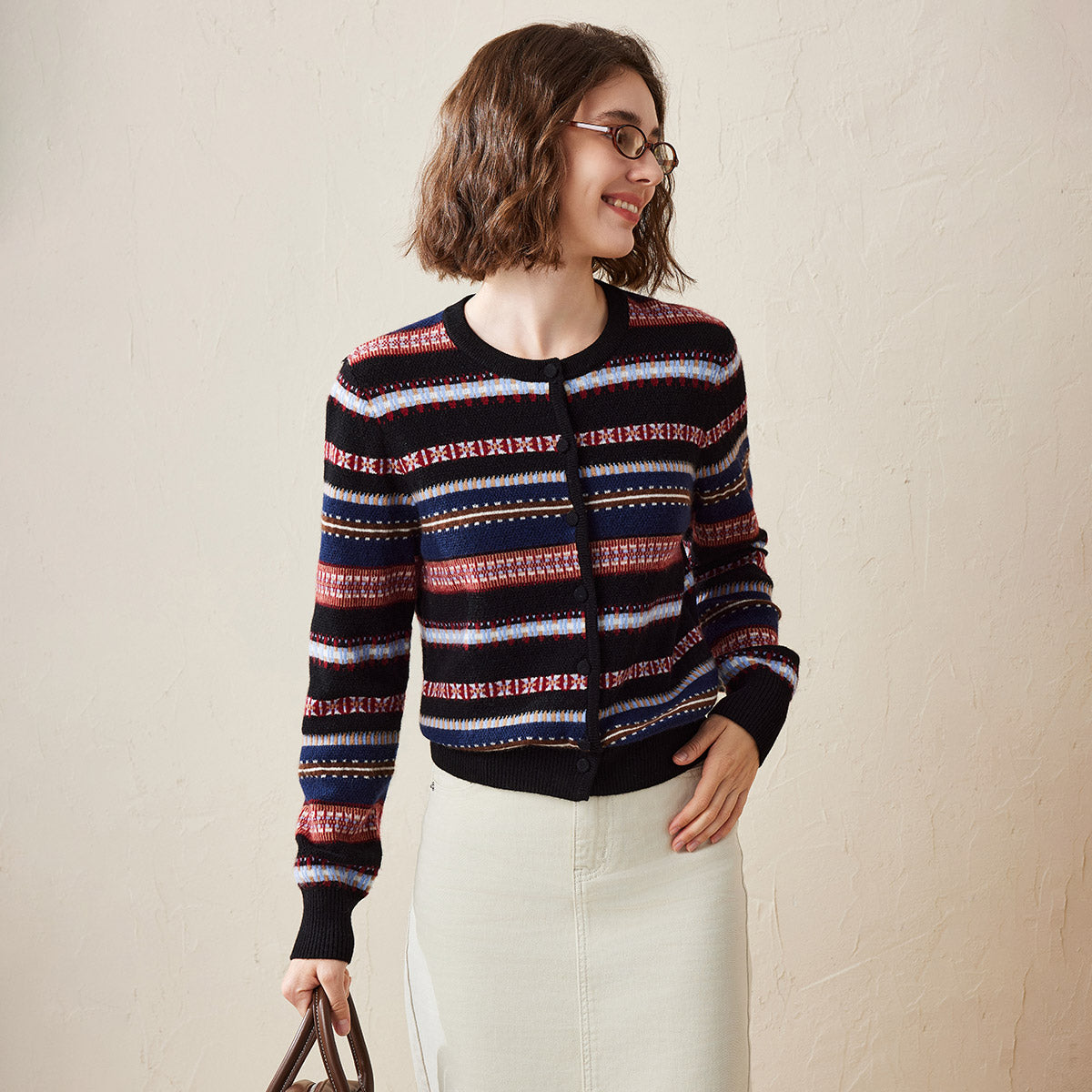 100% Cashmere Nordic Inspired Striped Knit Cardigan