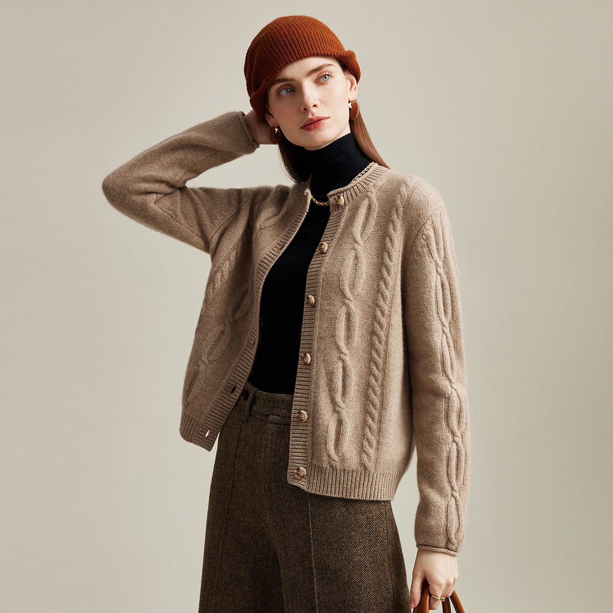 100% Cashmere Cable Knit Cardigan with Ribbed Details