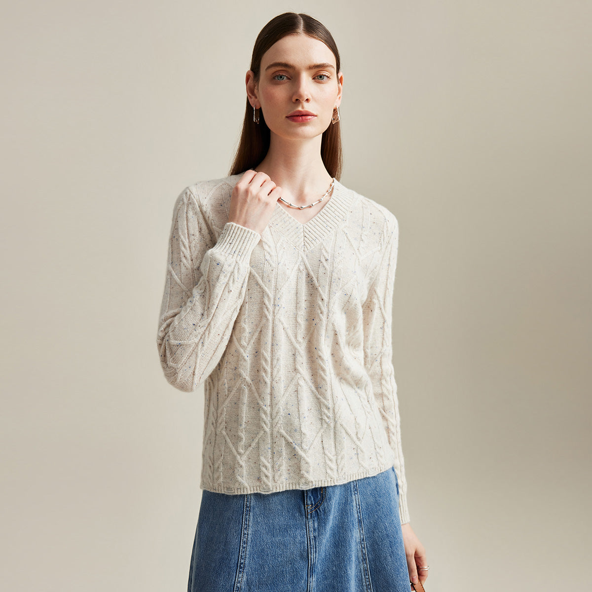 100% Cashmere Cable Knit V-Neck Sweater