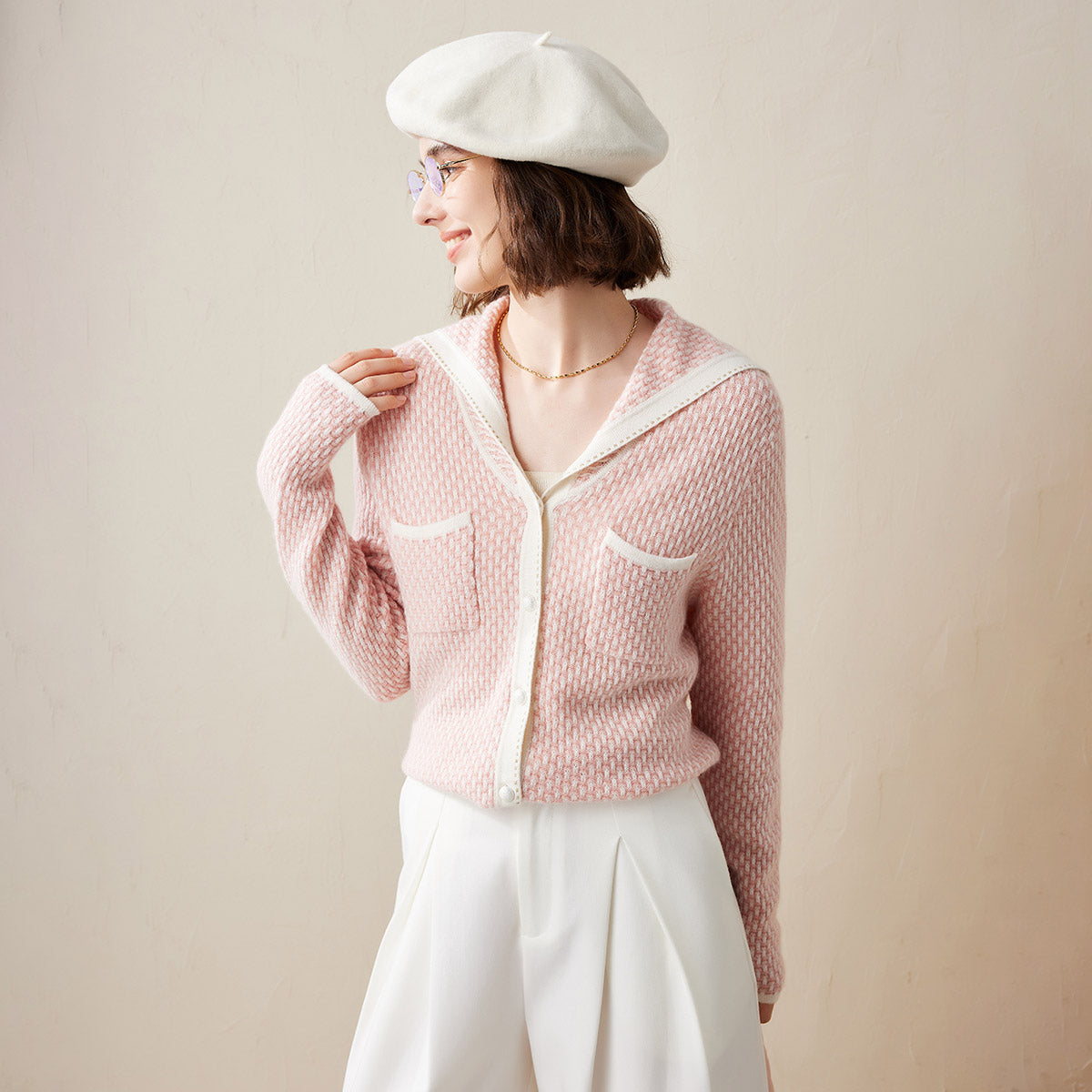 100% Cashmere Sailor Collar Knitted Cardigan