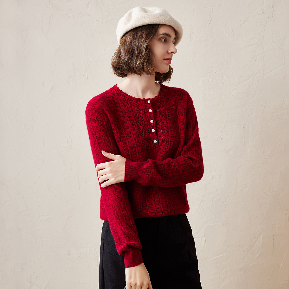 100% Cashmere Knit Sweater with Button Detail