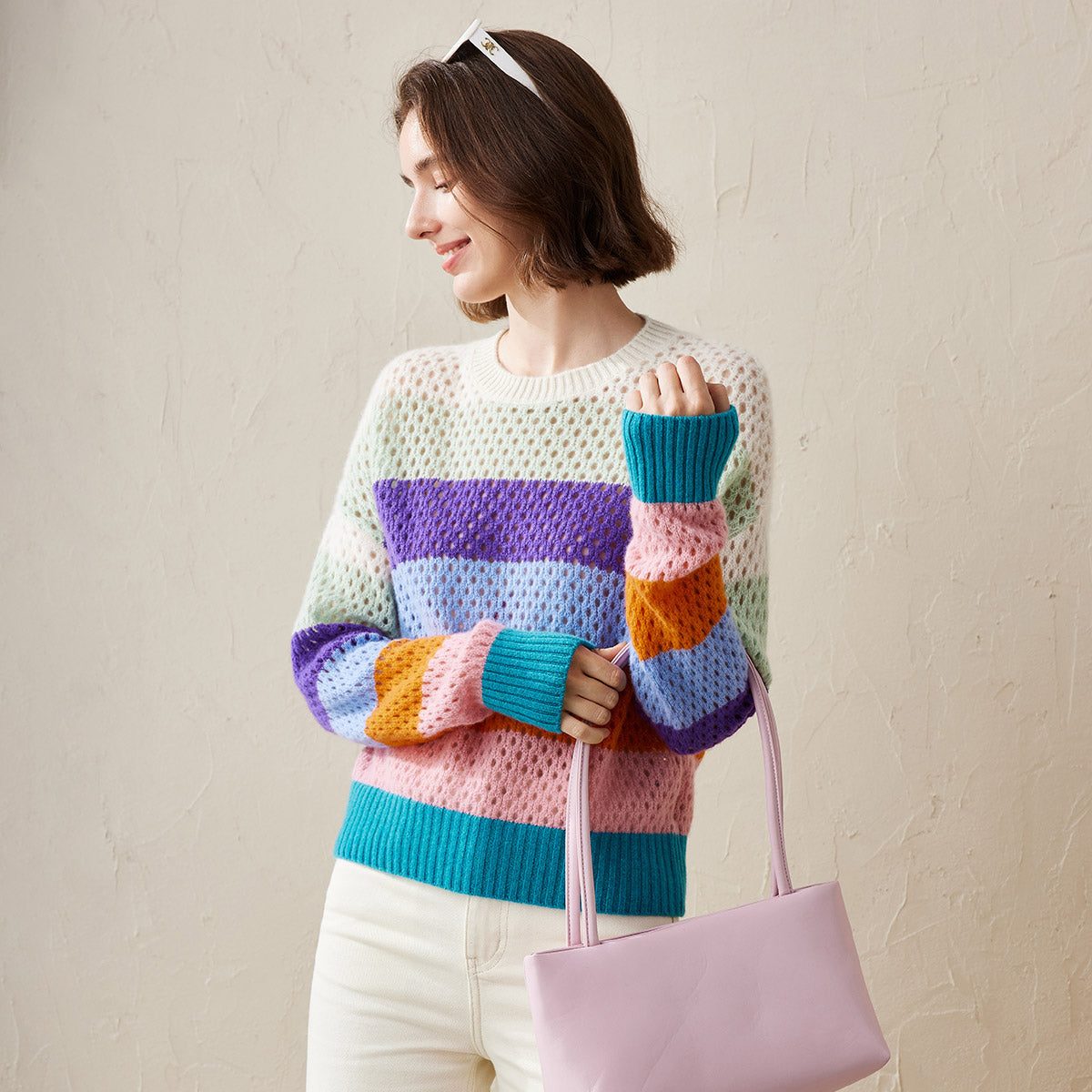 100% Cashmere Colorful Stripes Knit Sweater