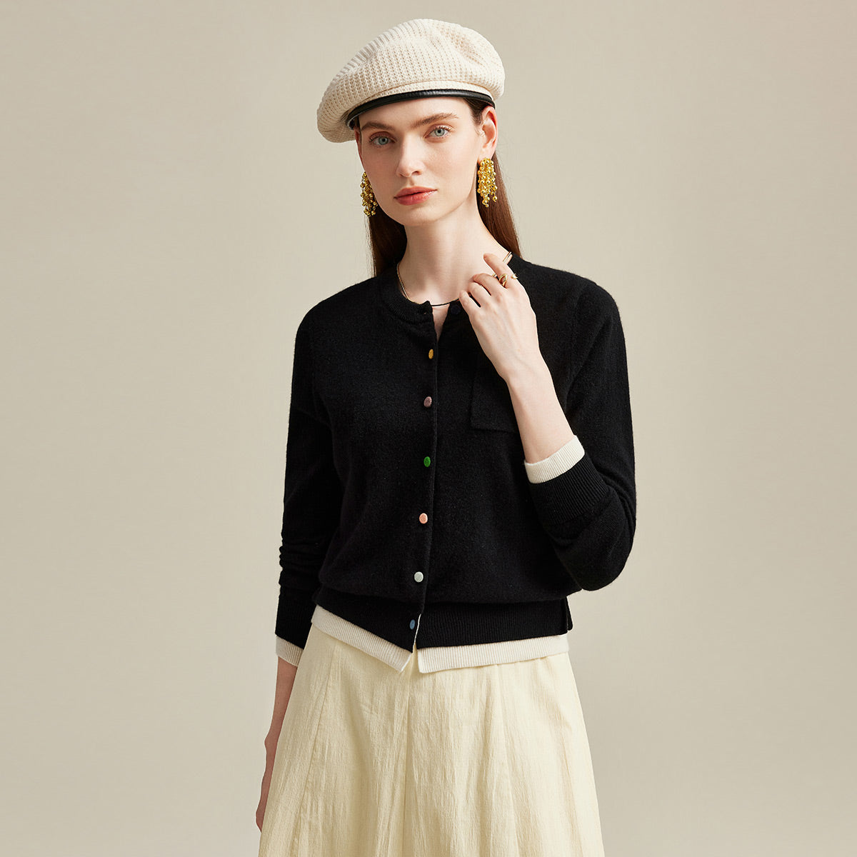 100% Cashmere Contrast-Trim Cardigan with Pockets