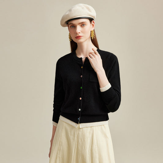 100% Cashmere Contrast-Trim Cardigan with Pockets