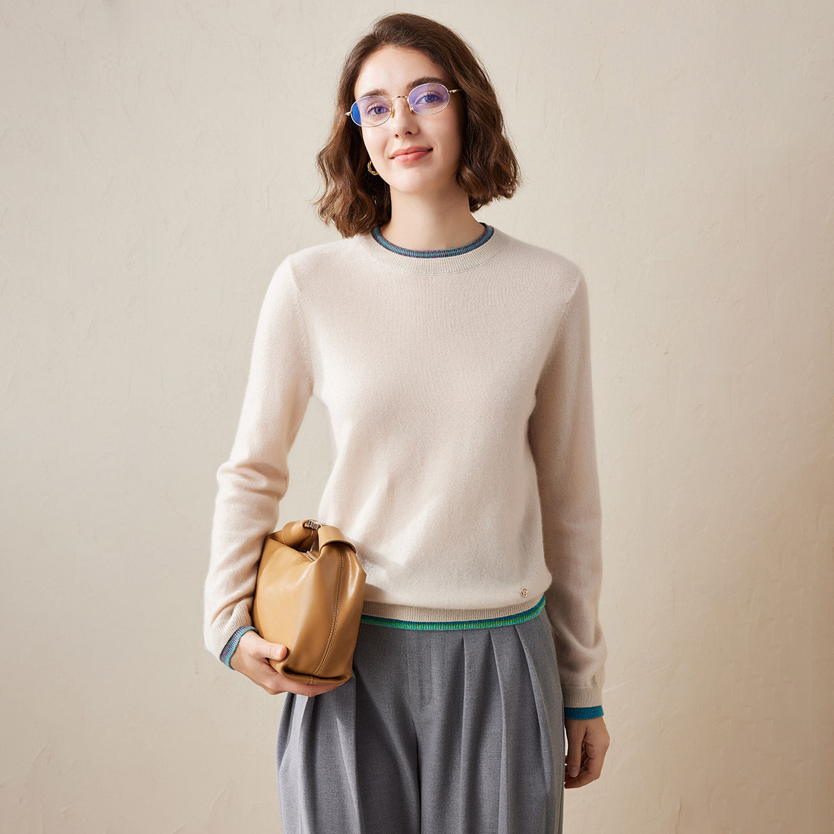 100% Cashmere Color-Accented Soft Knit Pullover Sweater