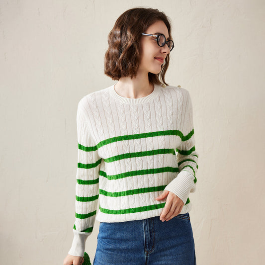 100% Cashmere Cable Knit Striped Sweater with Button Details