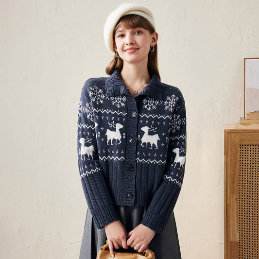 100% Wool Cozy Reindeer Knit Cardigan