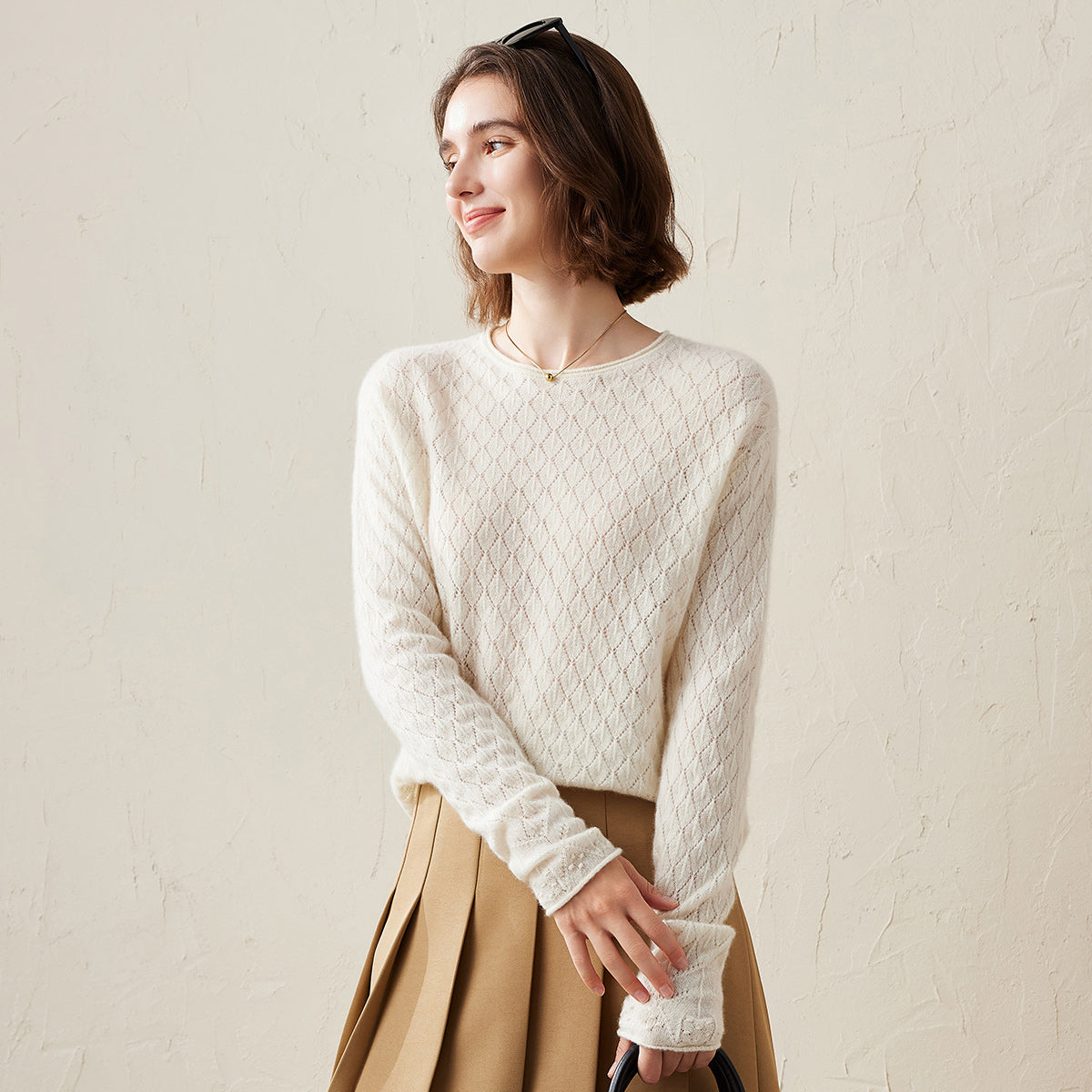 100% Cashmere Diamond Pattern Pullover Sweater