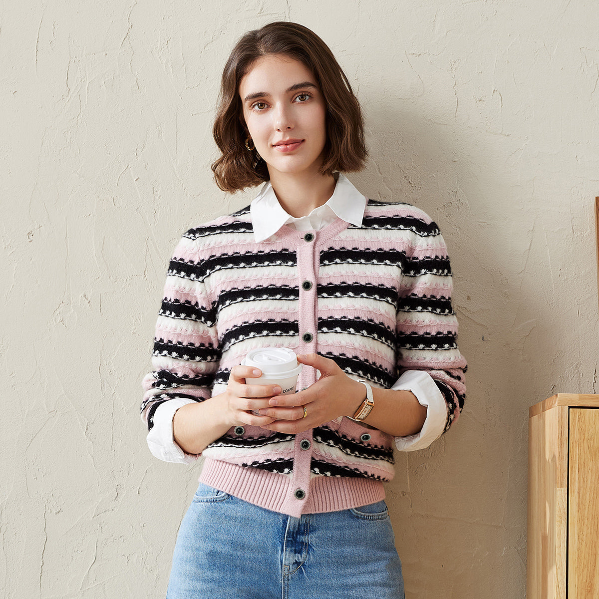 100% Cashmere Striped Knitted Button Up Cardigan