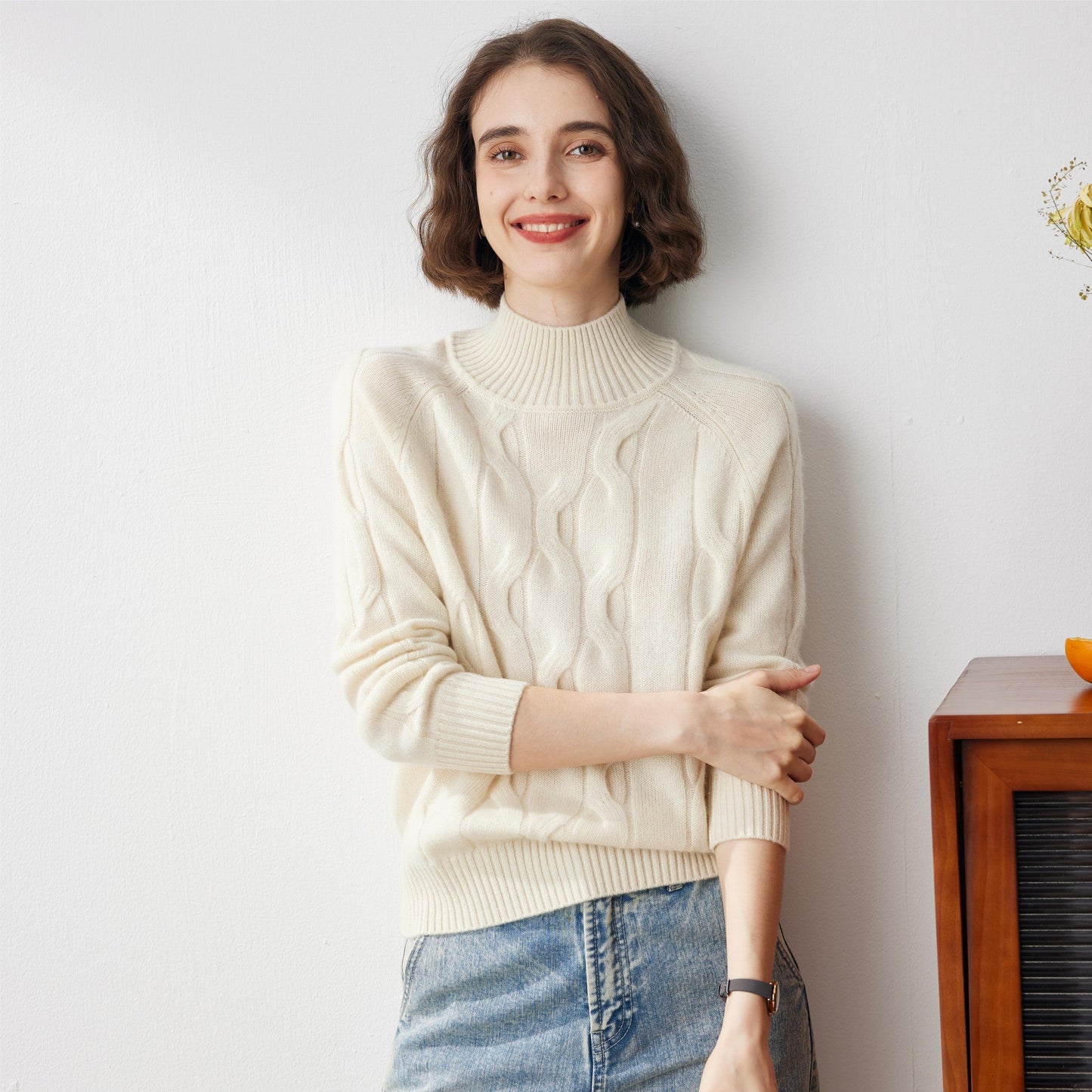 100% Cashmere Ribbed Cable Knit Mock Neck Sweater