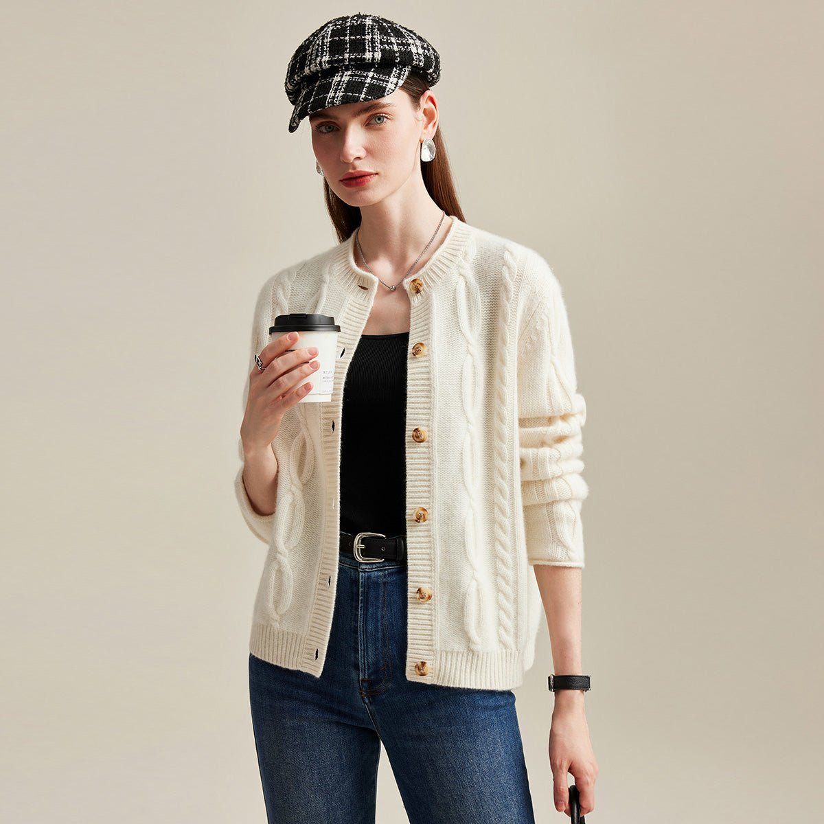 100% Cashmere Cable Knit Cardigan with Ribbed Details