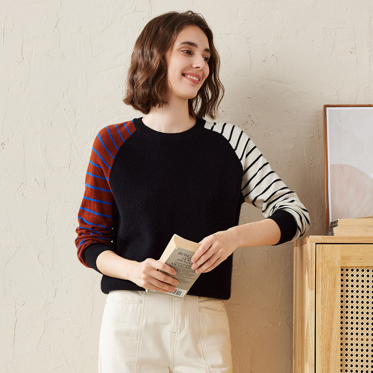 100% Cashmere Color Block Striped Sleeve Sweater