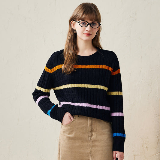 100% Wool Colorful Striped Cable Knit Sweater