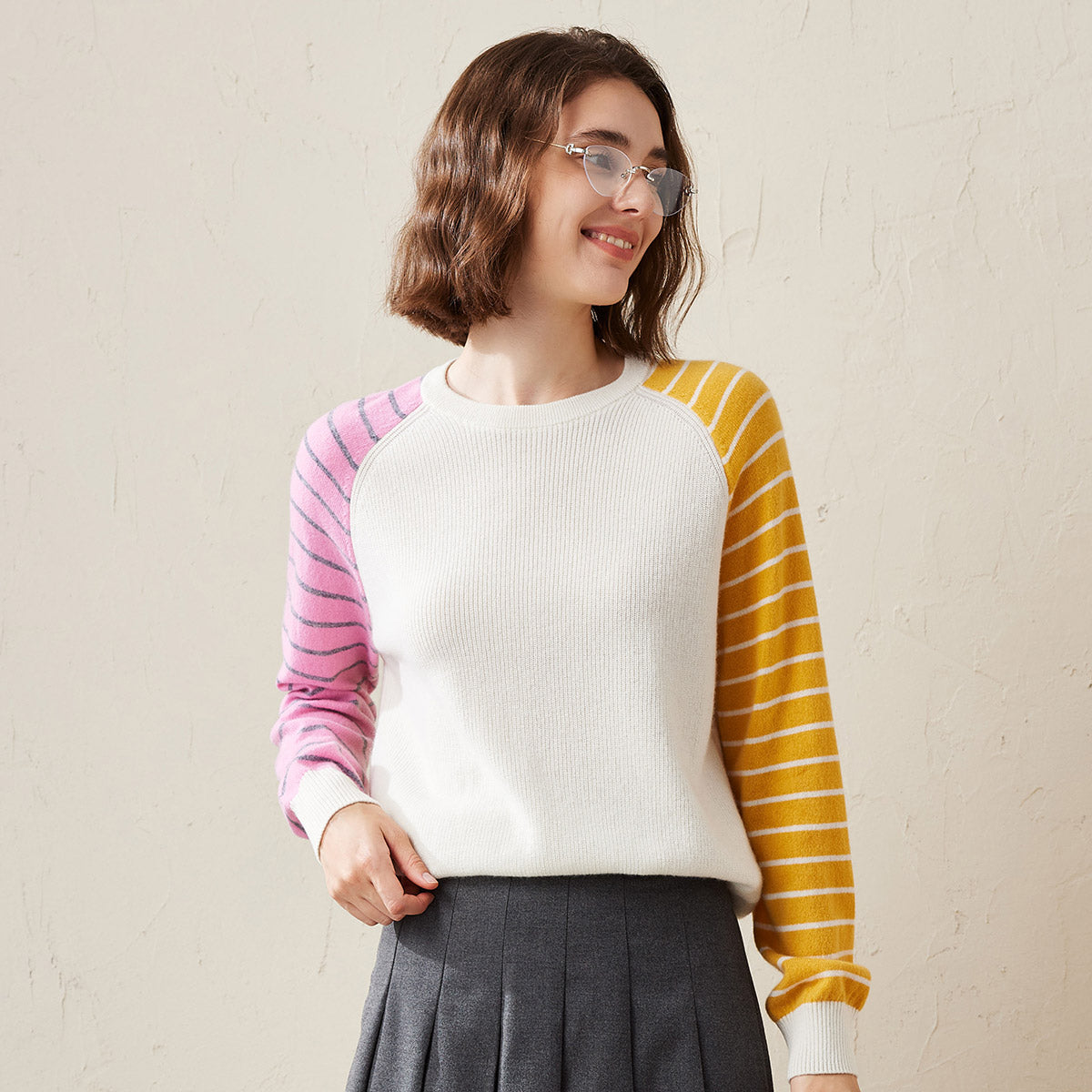 100% Cashmere Color Block Striped Sleeve Sweater