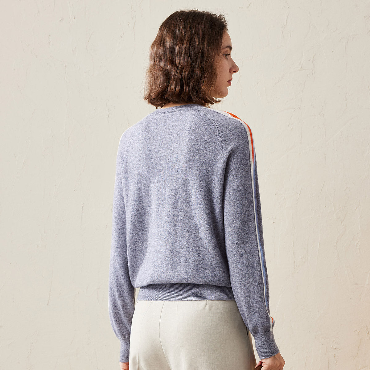 100% Cashmere Knit Sweater with Colorful Side Stripes