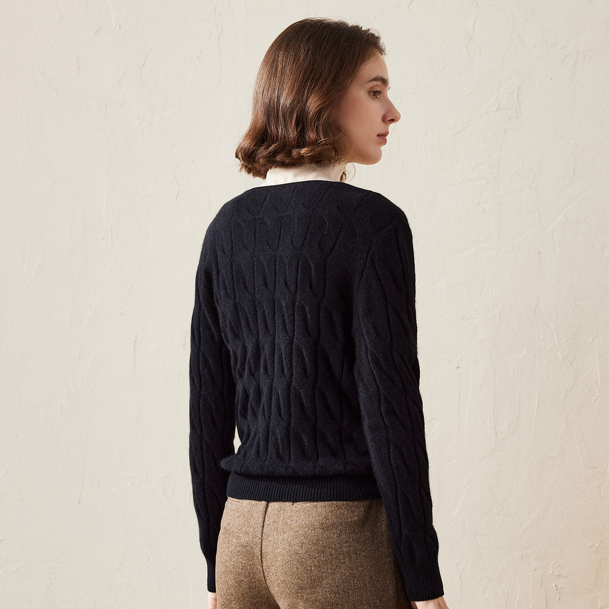 100% Cashmere Cable Knit V-Neck Sweater