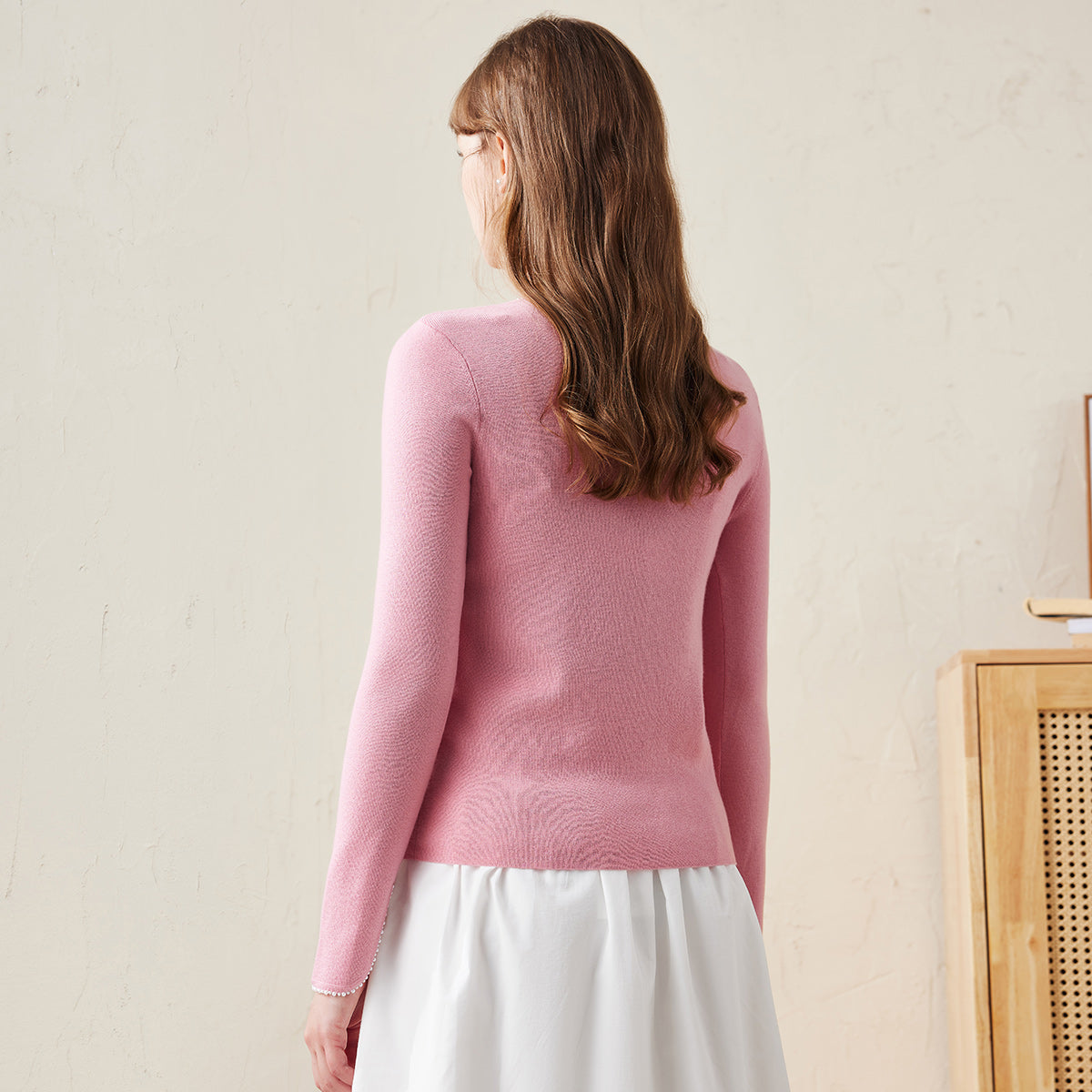 100% Wool V-Neck Sweater with Pearl Accents