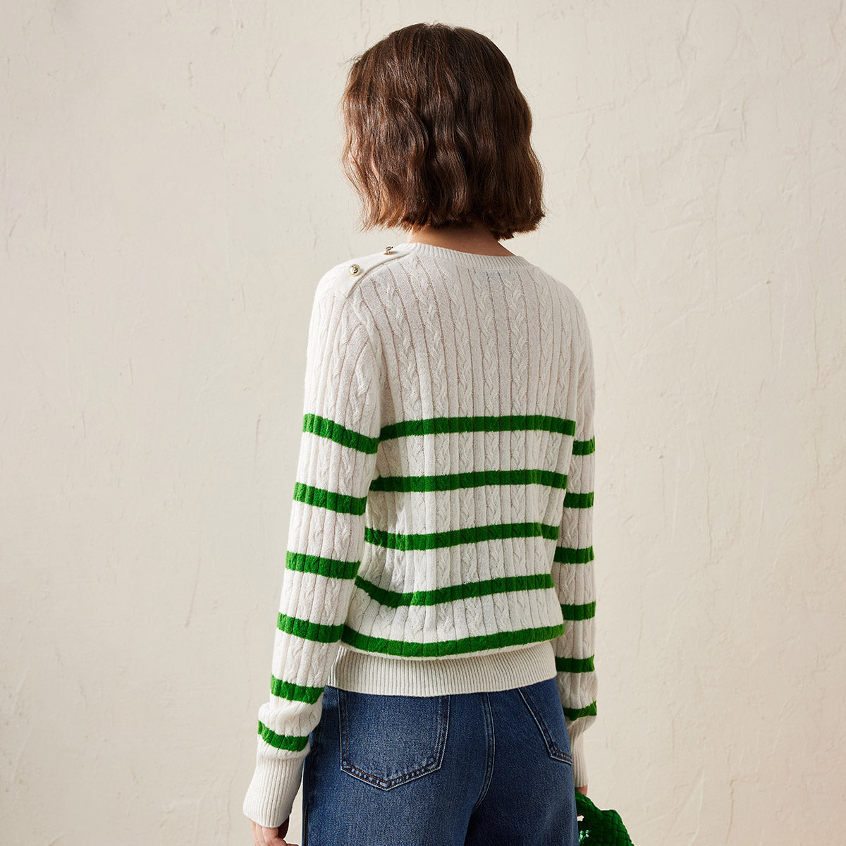 100% Cashmere Cable Knit Striped Sweater with Button Details