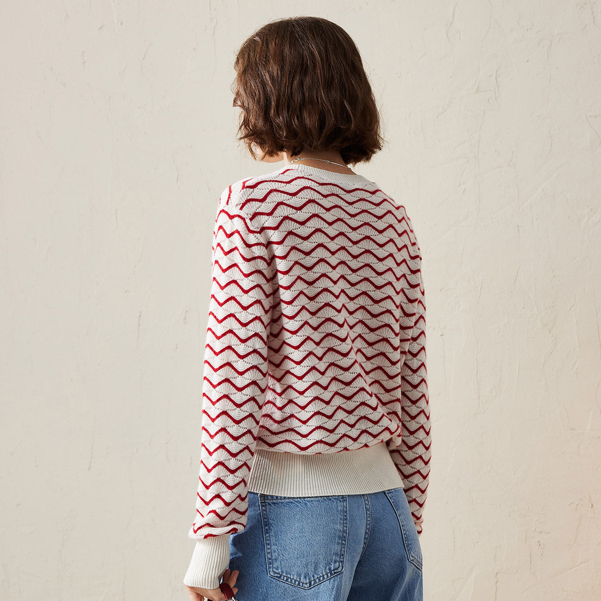 100% Cashmere Wave Pattern Knit Sweater