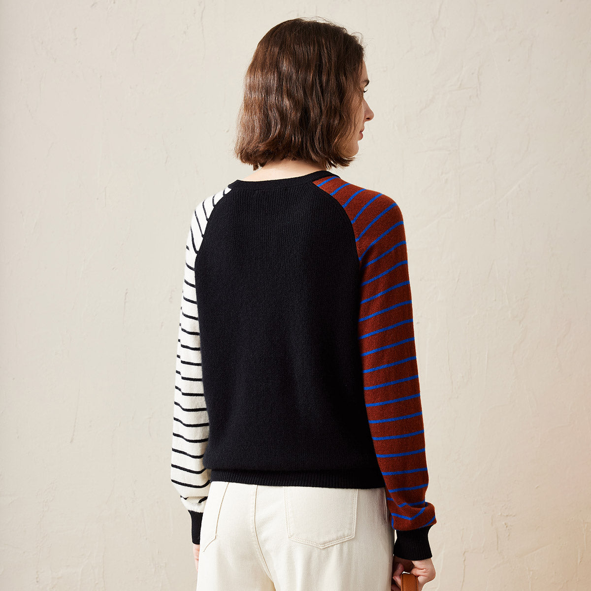 100% Cashmere Color Block Striped Sleeve Sweater