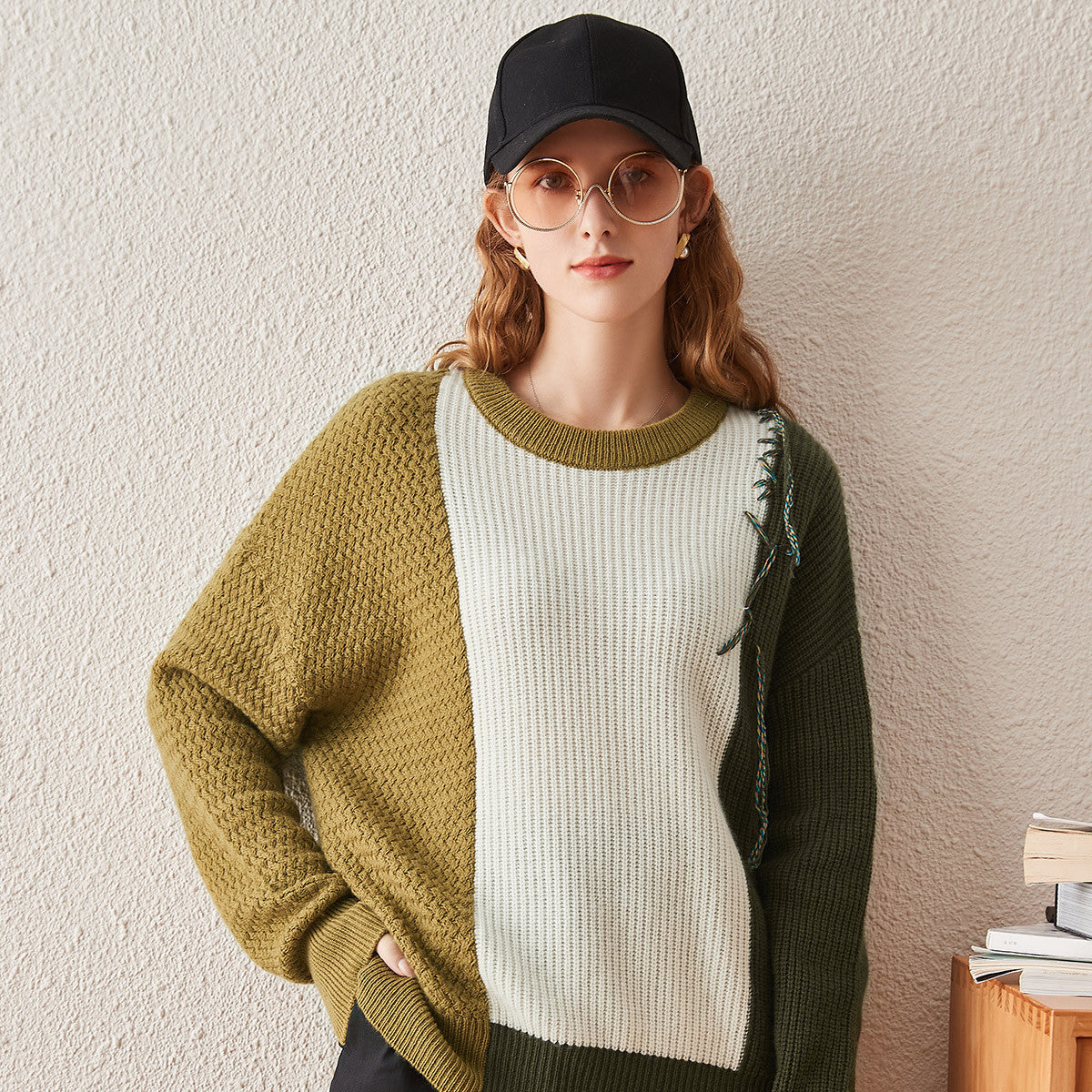 100% Cashmere Color Block Oversized Knit Sweater