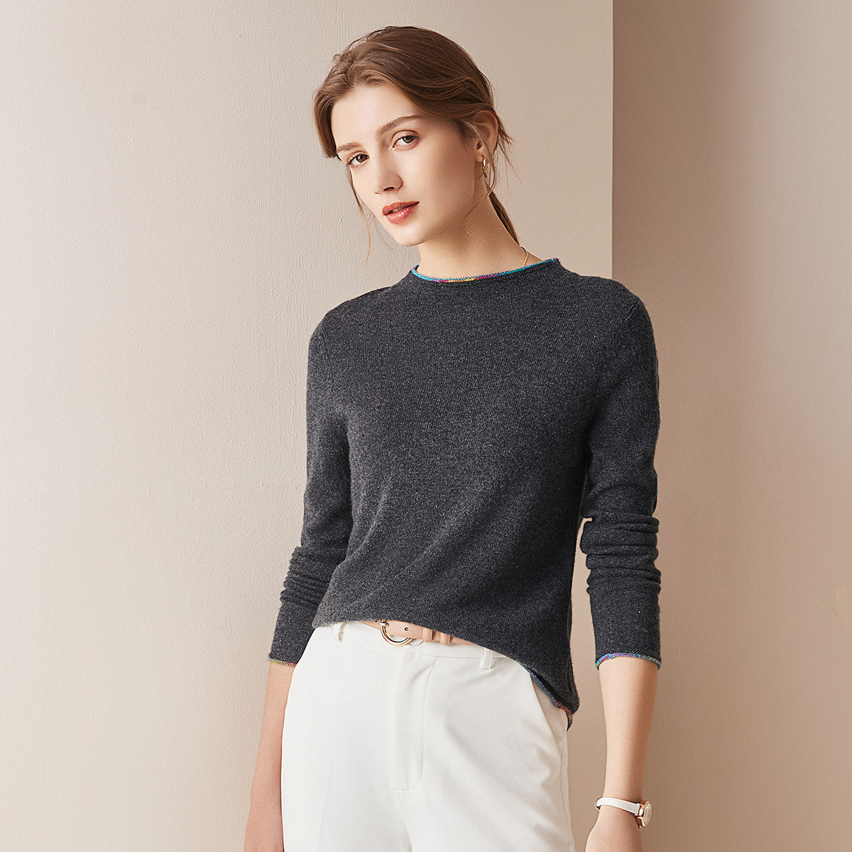 100% Cashmere Sweater with Built-in Collar