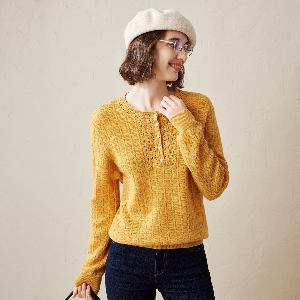 100% Cashmere Knit Sweater with Button Detail