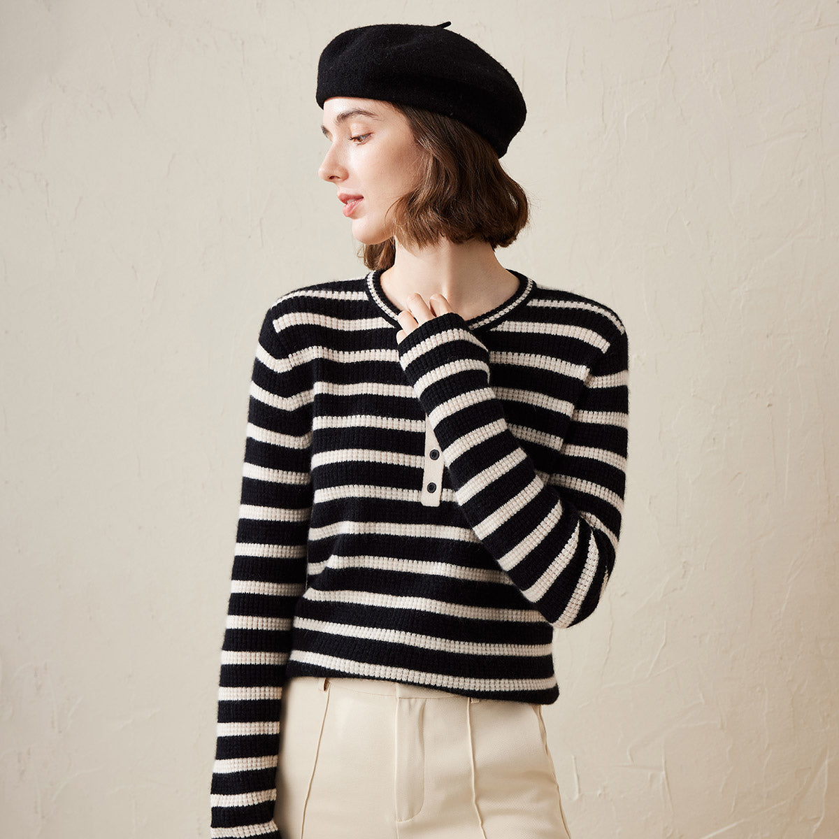 100% Cashmere Striped Knit Henley Sweater