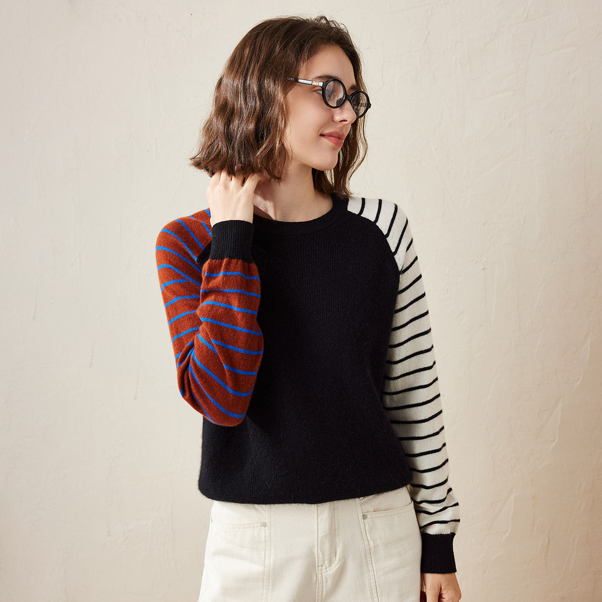 100% Cashmere Color Block Striped Sleeve Sweater