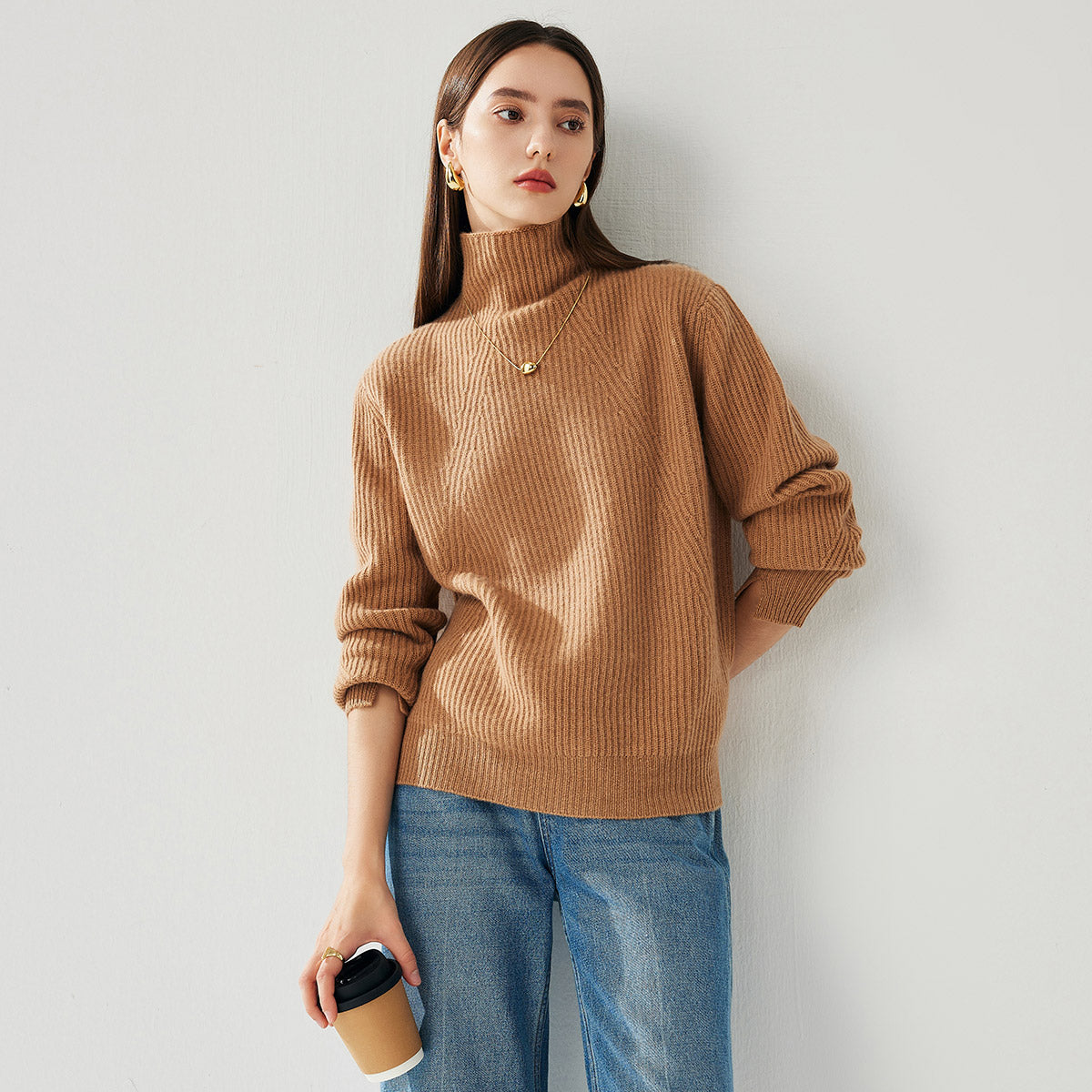 100% Cashmere Womens Turtleneck Ribbed Sweater