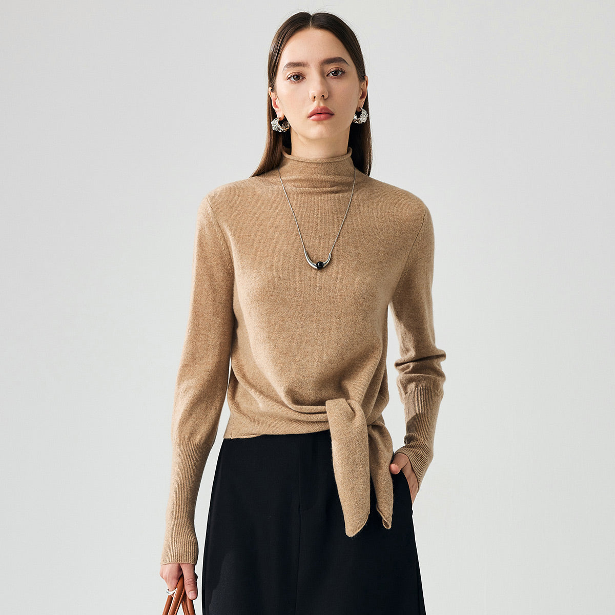 100% Cashmere Womens Mock Neck Tie-Waist Sweater