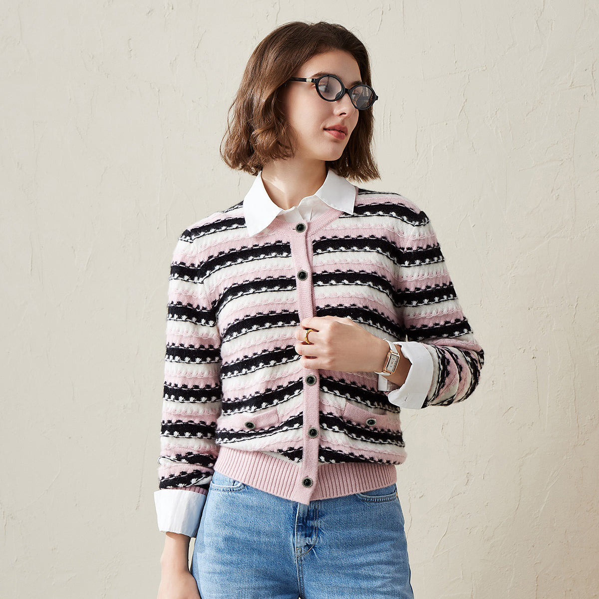 100% Cashmere Striped Knitted Button Up Cardigan