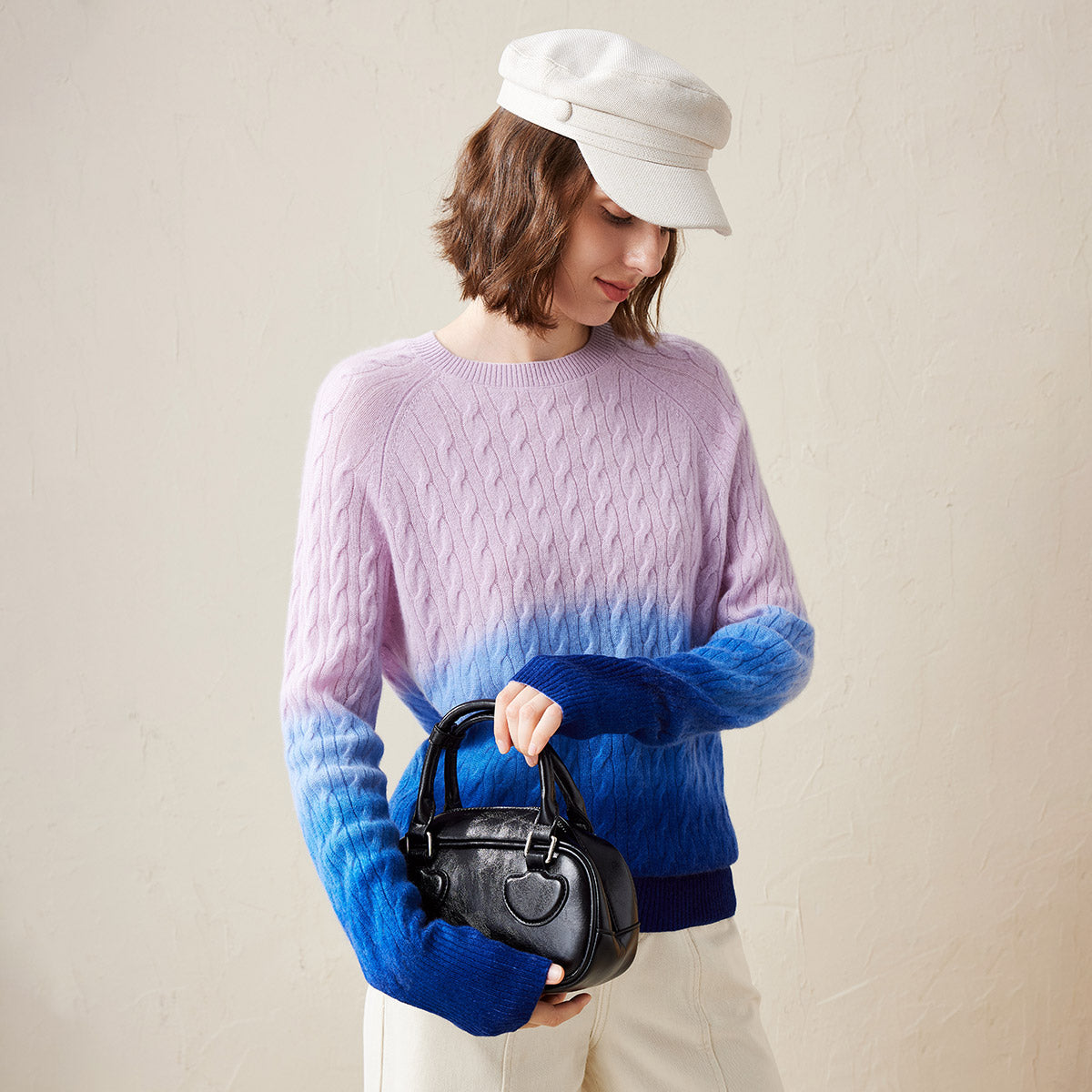 100% Cashmere Gradient Color Cable Knit Sweater