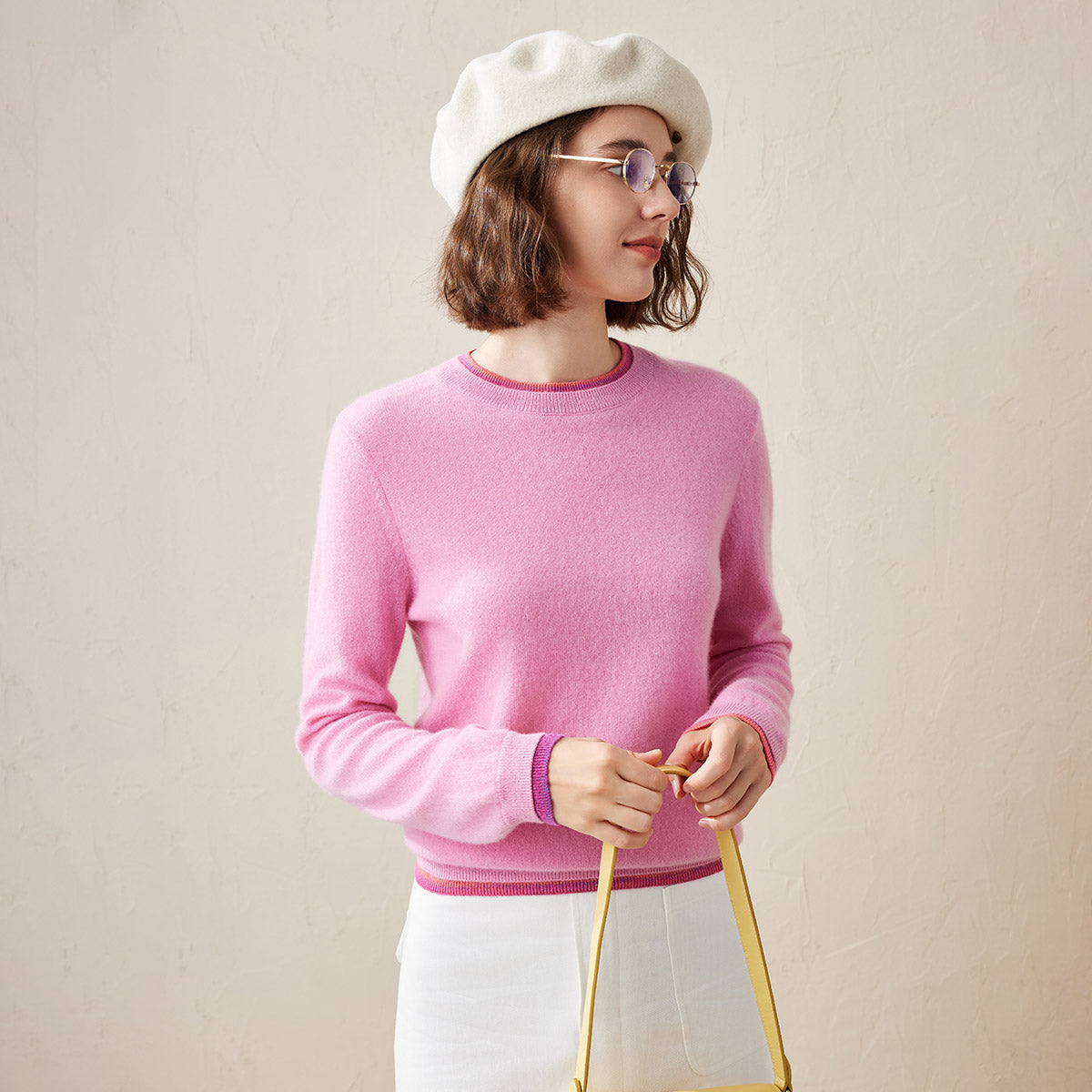 100% Cashmere Color-Accented Soft Knit Pullover Sweater