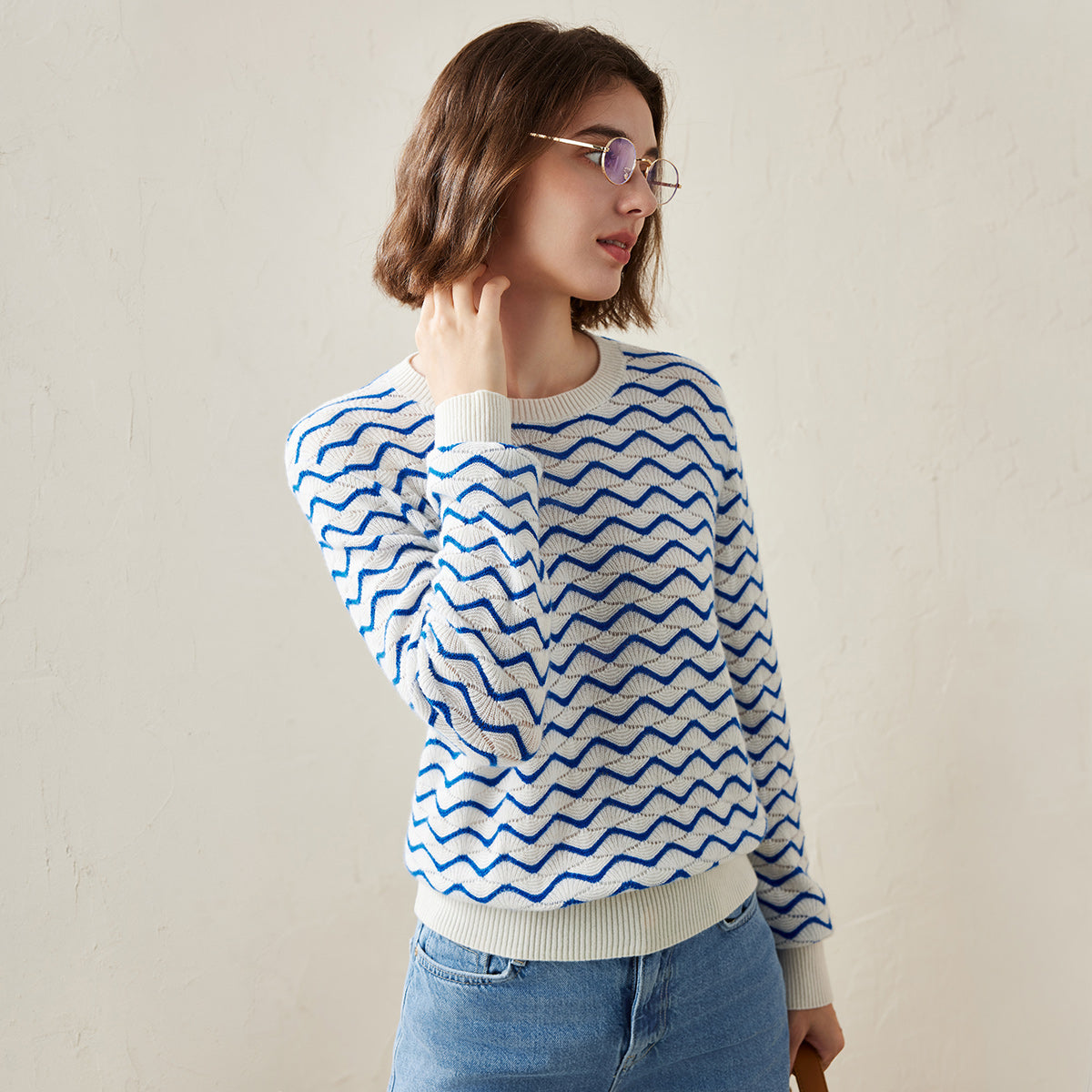 100% Cashmere Wave Pattern Knit Sweater