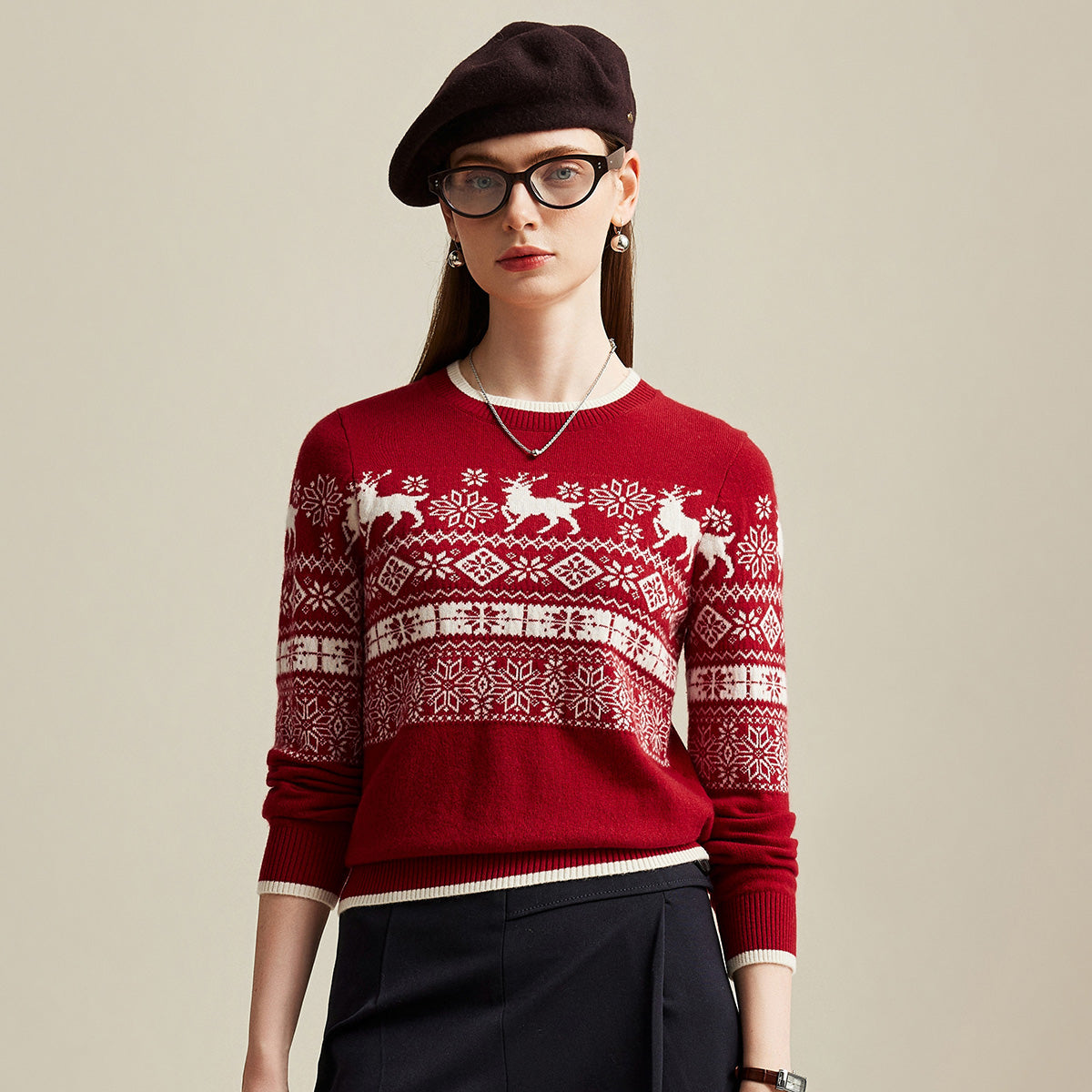 100% Cashmere Classic Nordic Reindeer Knit Sweater