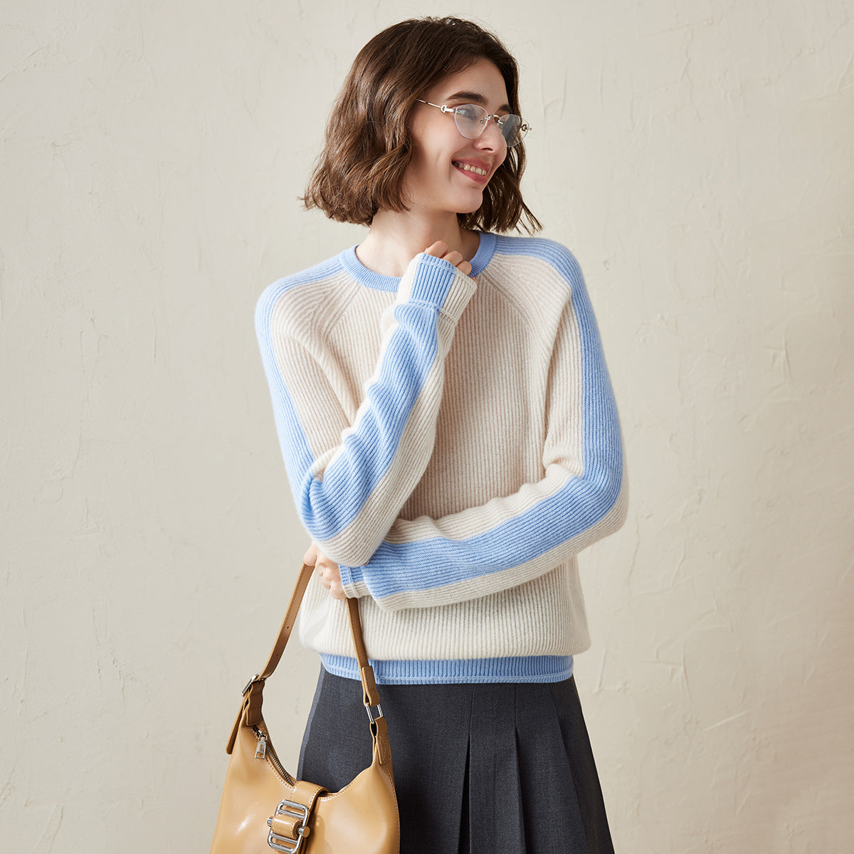 100% Cashmere Color Block Raglan Sleeve Knit Sweater