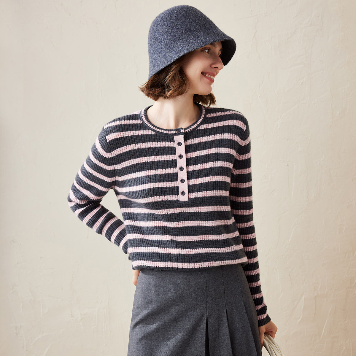 100% Cashmere Striped Knit Henley Sweater