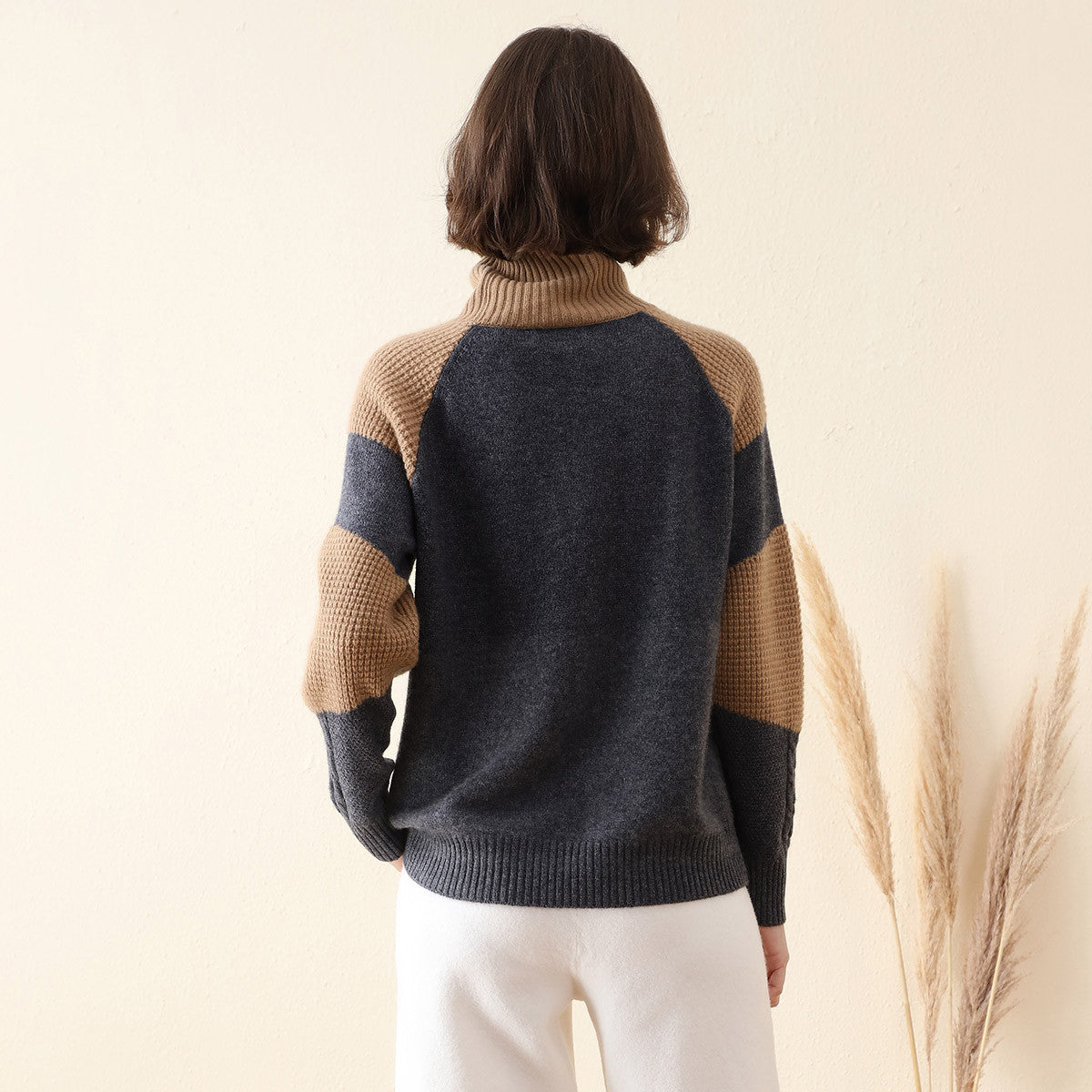 100% Cashmere Cable Knit Color Block Sweater