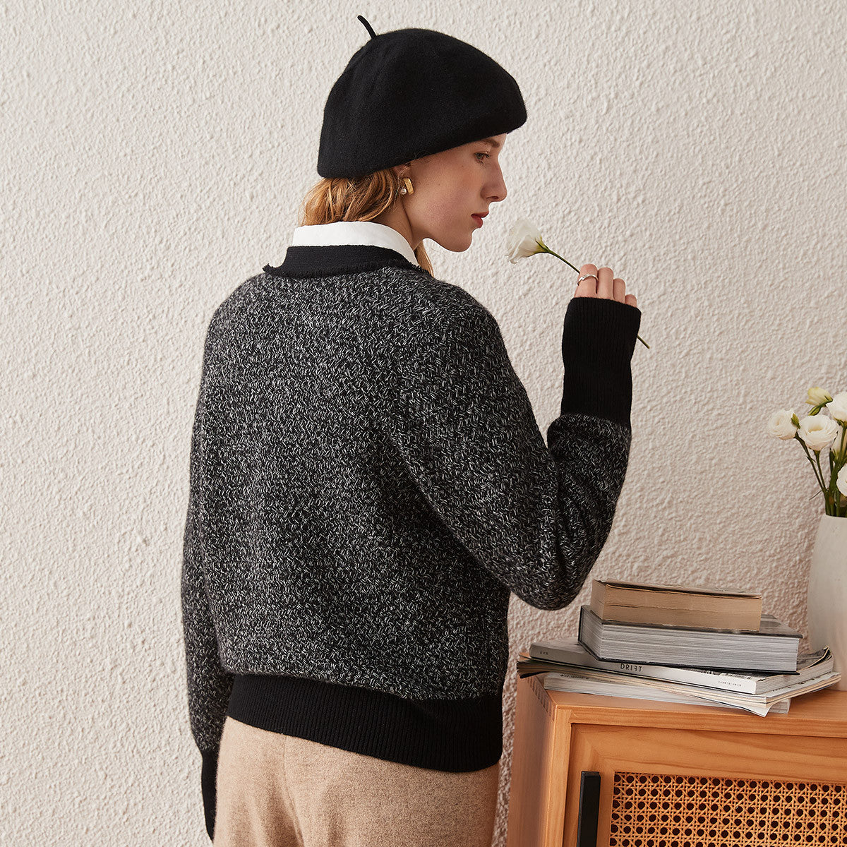 100% Cashmere Tweed Cardigan with Pearl Button Details