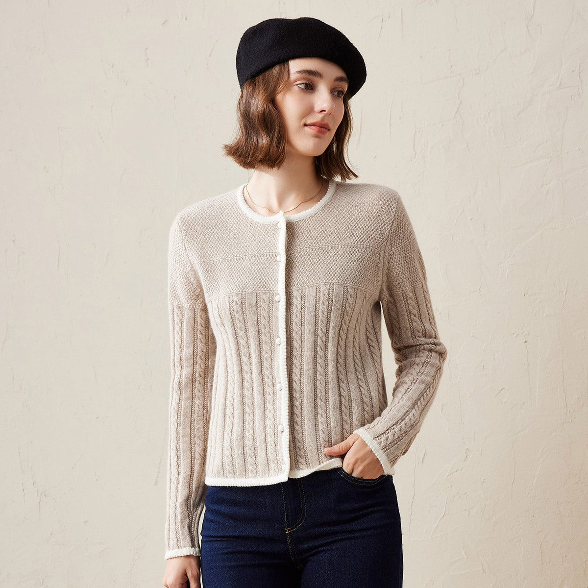 100% Cashmere Cable Knit Cardigan with Contrasting Trim