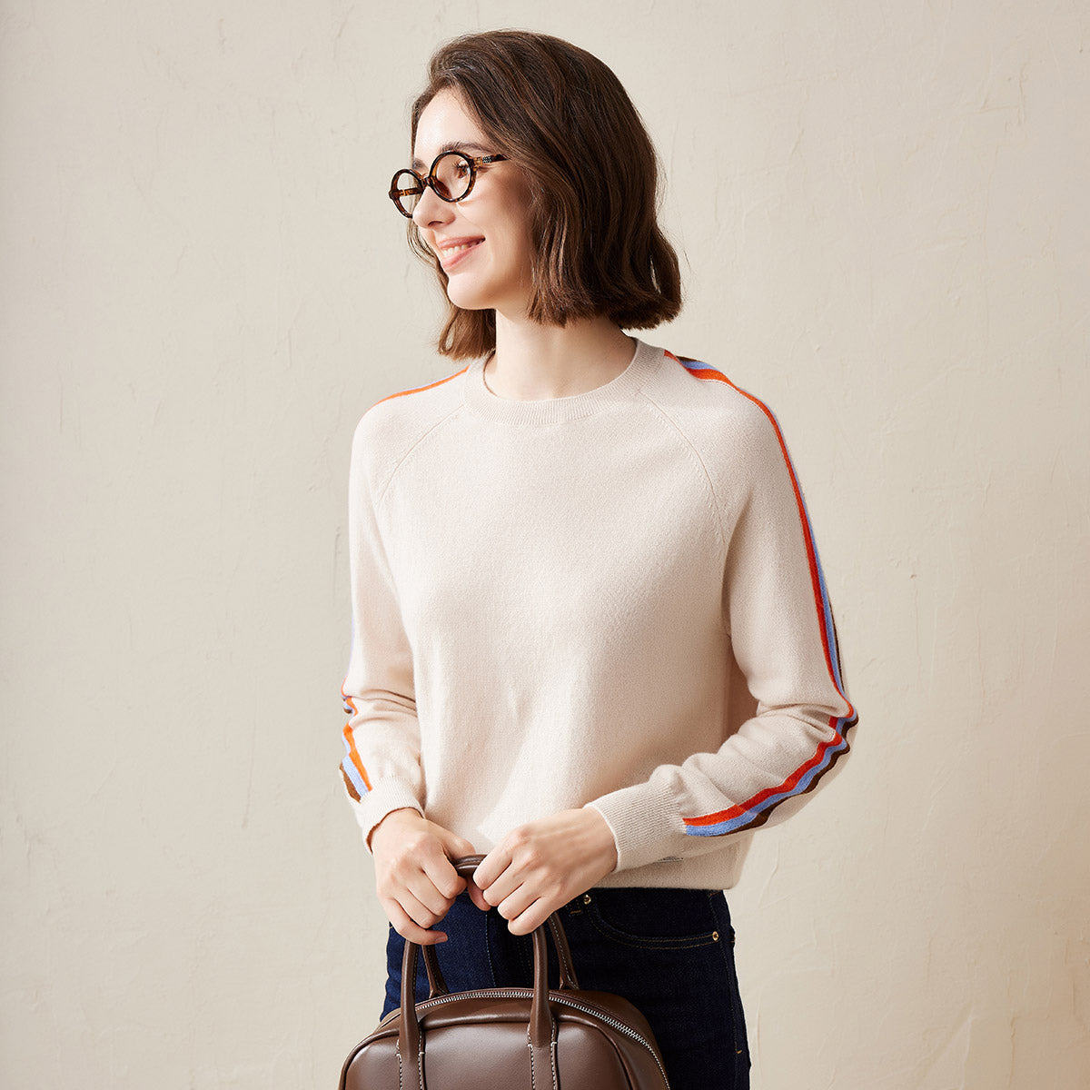 100% Cashmere Knit Sweater with Colorful Side Stripes