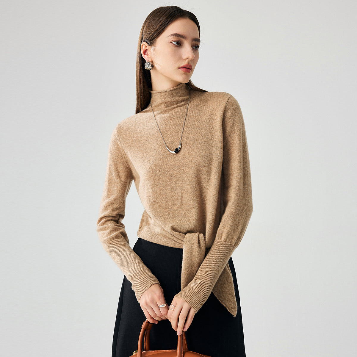 100% Cashmere Womens Mock Neck Tie-Waist Sweater