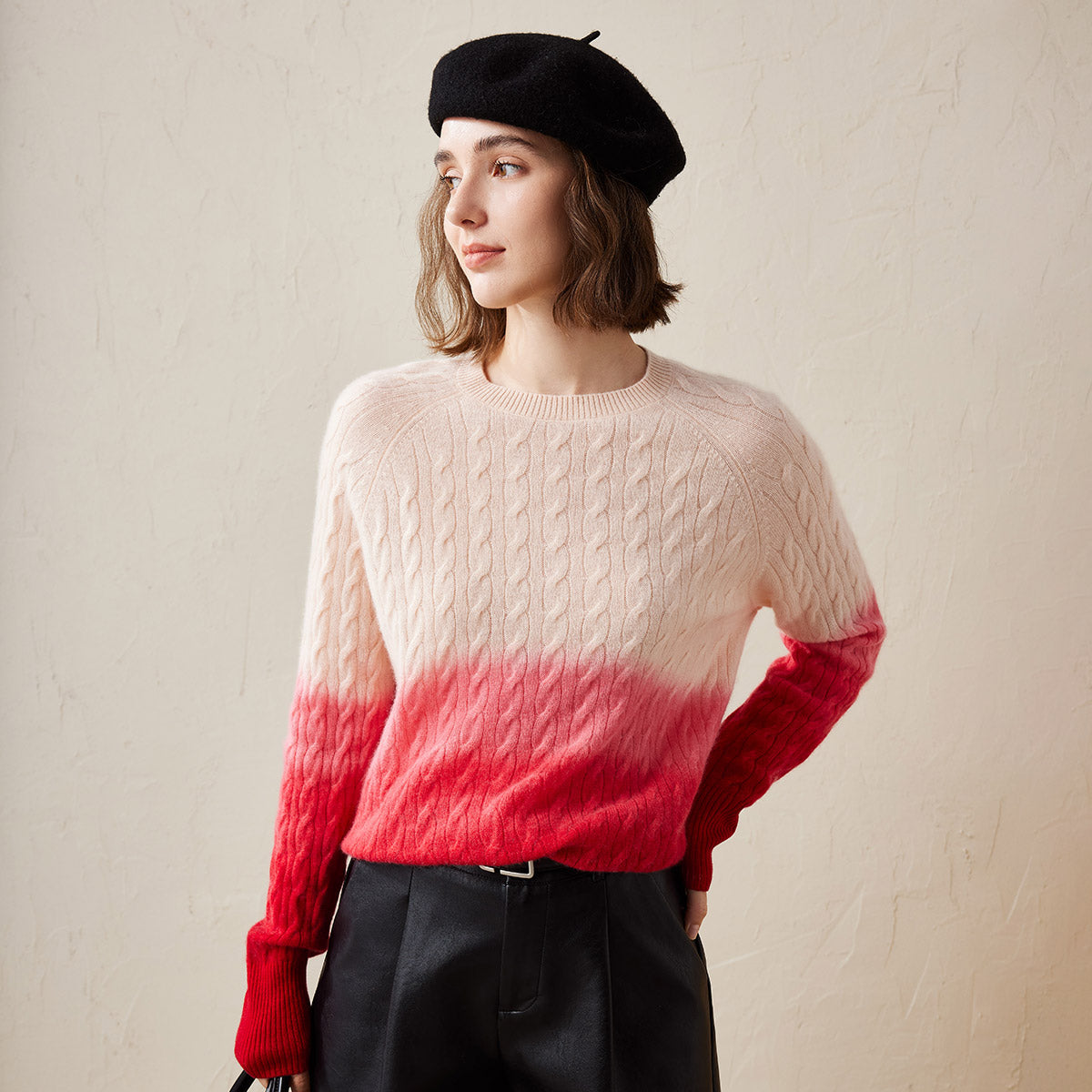 100% Cashmere Gradient Color Cable Knit Sweater