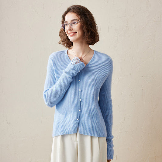 100% Cashmere Faux Button Down Sweater with Lace Cuff Detail