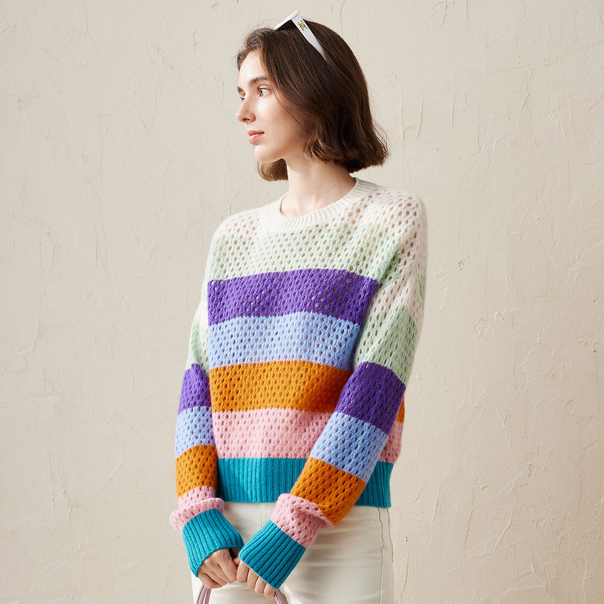 100% Cashmere Colorful Stripes Knit Sweater