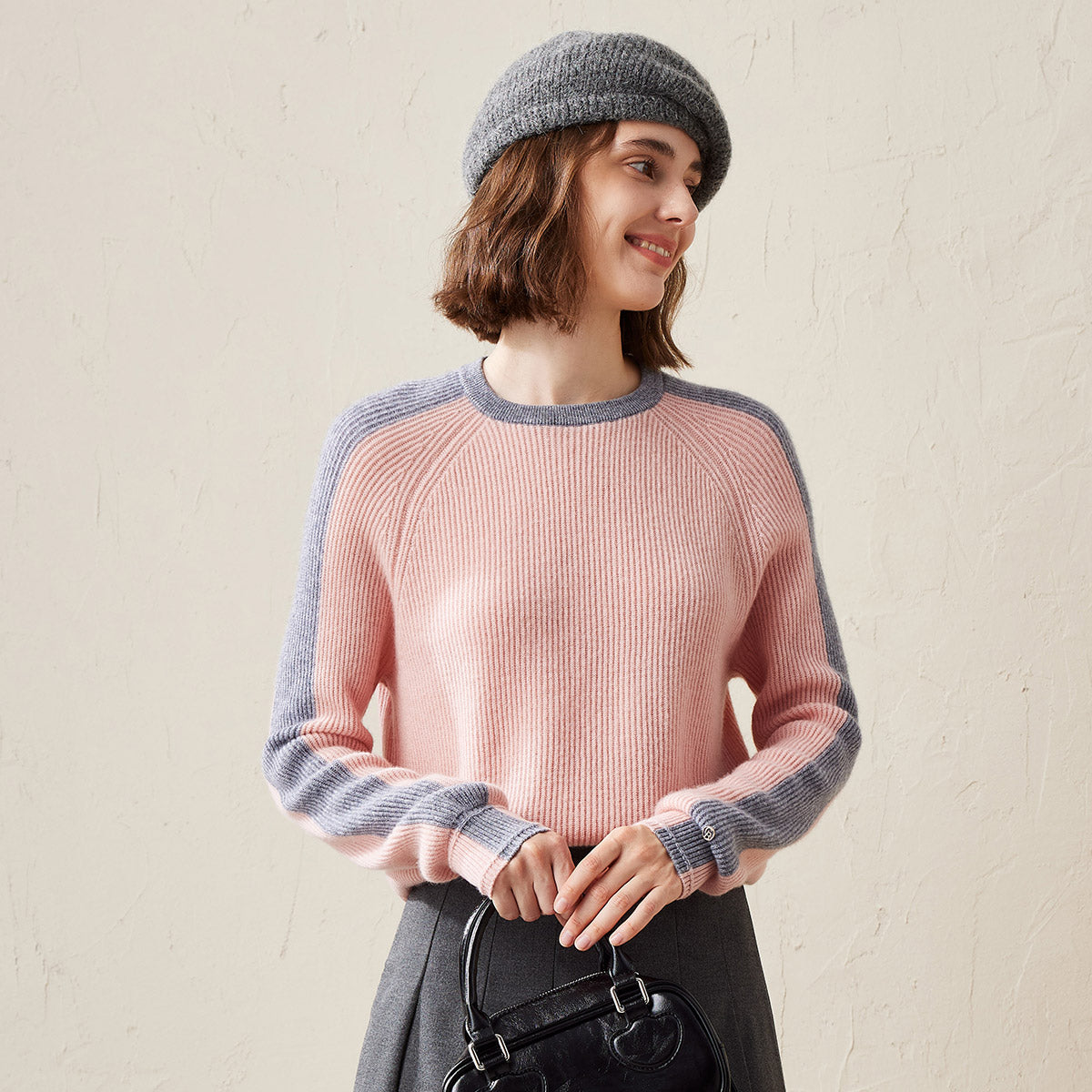 100% Cashmere Color Block Raglan Sleeve Knit Sweater