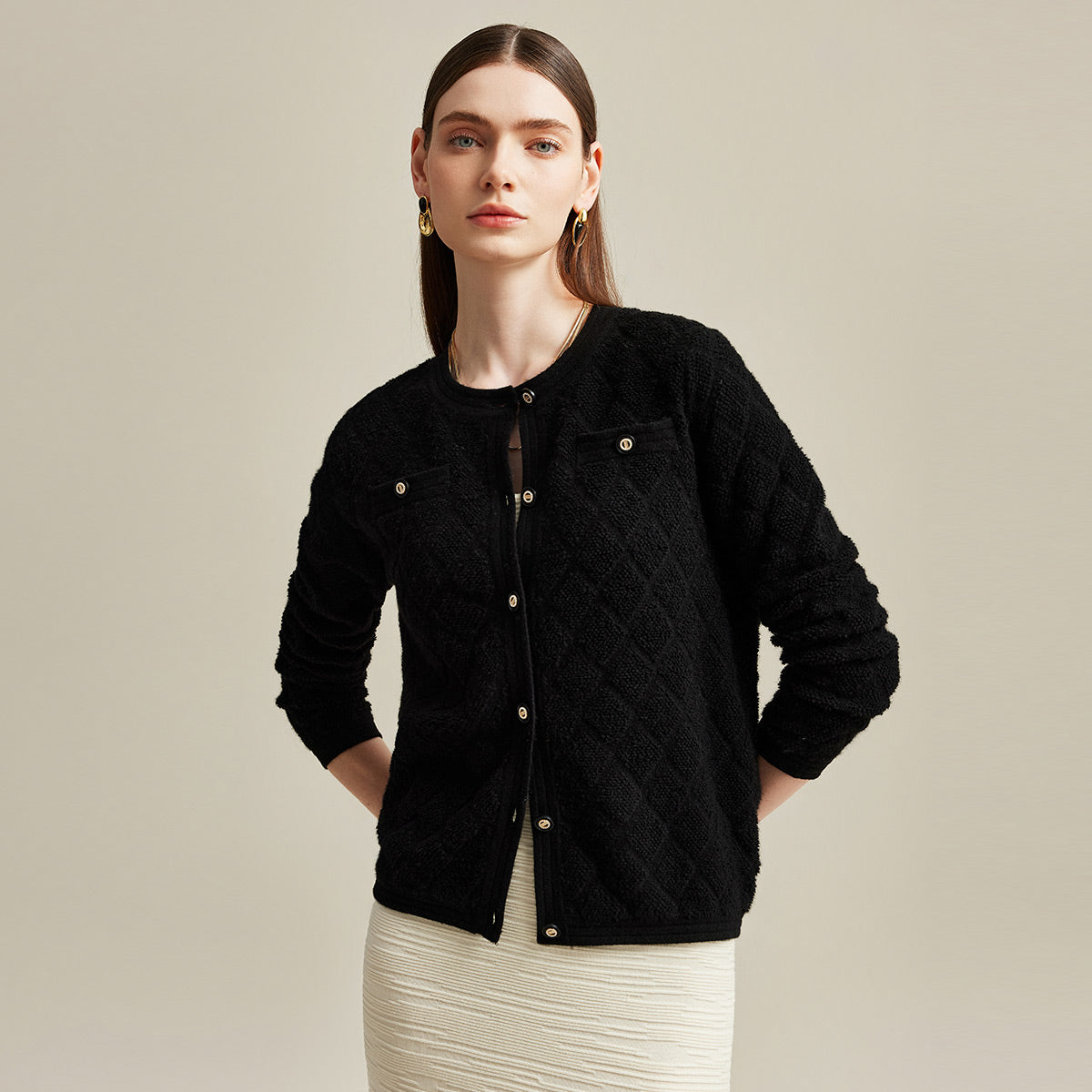 100% Cashmere Elegant Knit Cardigan with Pockets